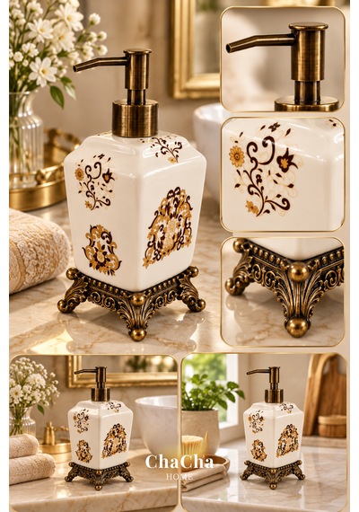 Chacha Home Aurelia Seramik Sıvı Sabunluk 470 Ml Antik Bronz Görünümlü Ayaklı Ve Pompalı 22 Cm Bej - Krem