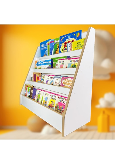 4 Raflı Montessori Kitaplık Çocuk Odası Kitap Rafı Yerden Kitap Beyaz