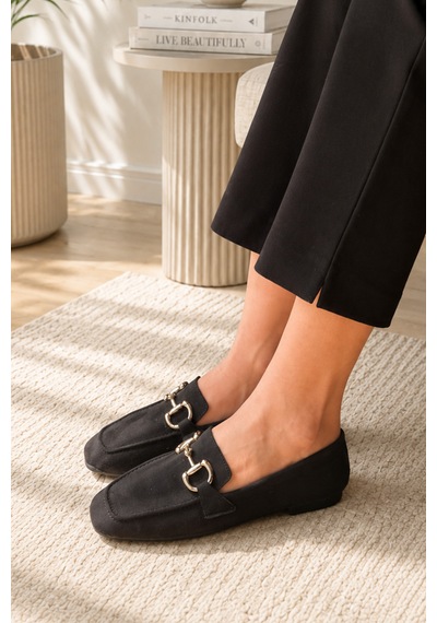 Kadın Loafer Makosen Metal Tokalı Nubuk Günlük Ayakkabı Siyah