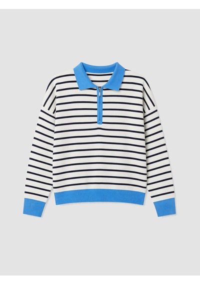 Lcw Modest Mavi Polo Yaka Çizgili Kadın Triko Kazak