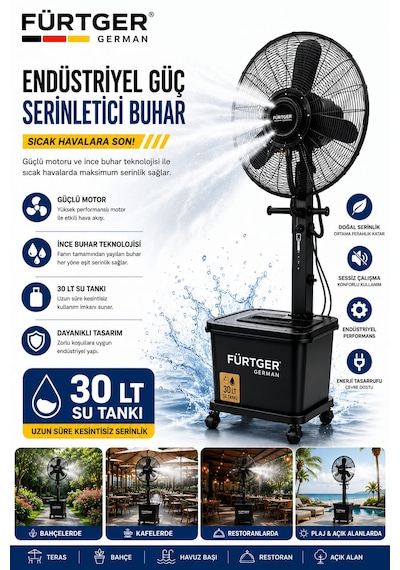 Fürtger Frg-püs30 Professıonel Sanayi Tipi Su Püskürtmeli Ayaklı Vantilatör 30inç/75cm.