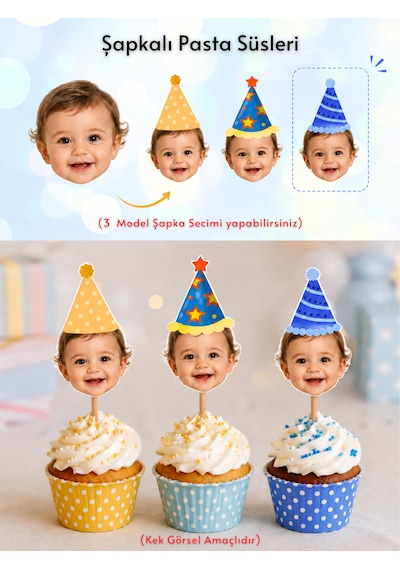 Pamuğum Atelier (12 Adet) Kişiye Özel Fotoğraflı Şapkalı Cupcake Süsü | Yetişkin veya Bebek Doğum Günü Pasta Süsü