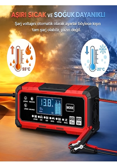 24v/8a 12v/15a Akıllı Akü Şarj Ve Onarım Cihazı Yaz Kış Modlu Lcd Ekranlı Start Stop