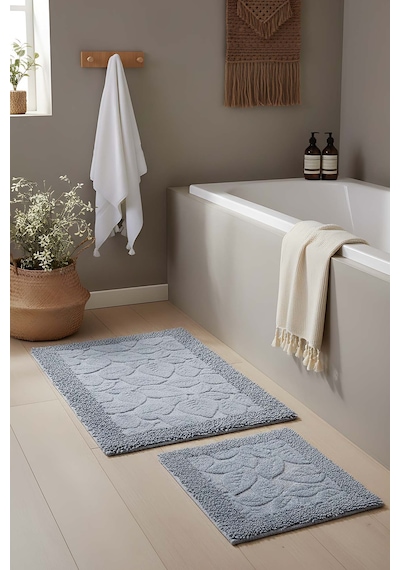 Yaprak Desenli 2 Li Banyo & Klozet Paspas Takımı Gri