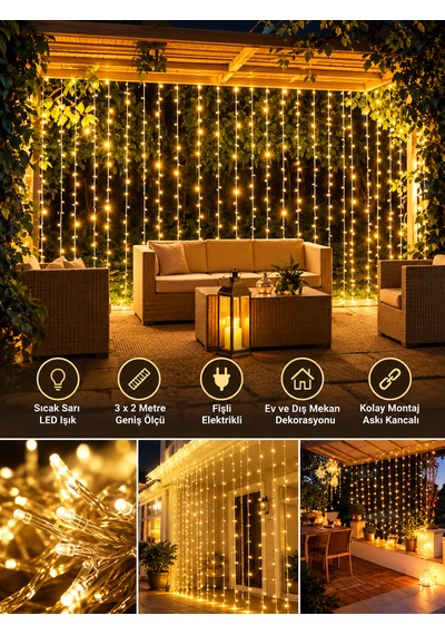 Yılbaşı Işıklandırma 3x3 Metre Fişli Sarı Led Perde Işık Yılbaşı Süsleri Ev Dekorasyonu Pencere Duvar Balkon Aydınlatma Günışığı