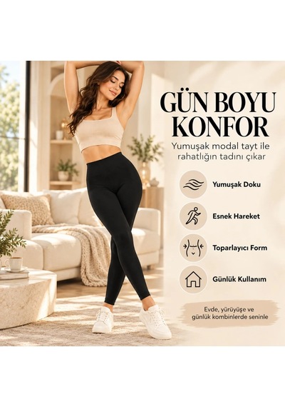 Bezos Kadın Modal 3'lü Tayt Yüksek Bel Esnek Rahat Günlük Spor - Siyah Agc