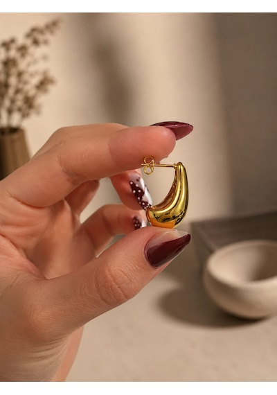 Gold Yarım Damla Formlu Çelik Küpe Minimal Vintage Tasarım Altın