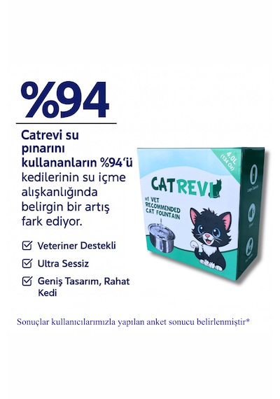 Catrevi 4 L Paslanmaz Çelik Su Pınarı Kedi Köpek Premium Su Çeşmesi Ultra Sessiz Su Sebili 4 Filtre Hediye