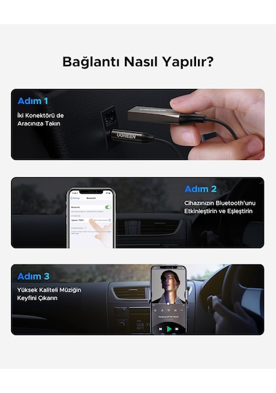 Ugreen Usb 2.0 To 3.5mm Mikrofonlu Bluetooth 5.0 Araç Kiti, 70601
