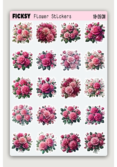 Pembe Gül Çiçek Sticker Seti - 20 Adet Etiket Çıkartma Diğer