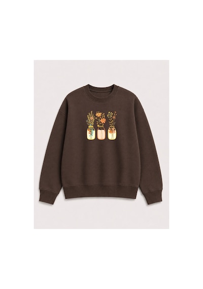 Herkesemoda Kavanoz Çiçek Baskı Detaylı Şardonlu 2 İplik Bisiklet Yaka Sweatshirt Kahverengi