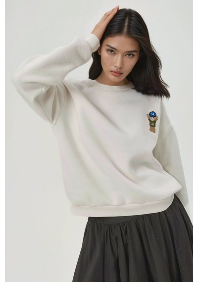 Hiccup İşlemeli Pamuklu Sweatshirt Tozlu Beyaz