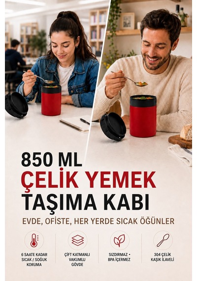 850 Ml Paslanmaz Çelik Sızdırmaz Termos Yemek Taşıma Kabı / Sefer Tası Beslenme Kutusu Kırmızı