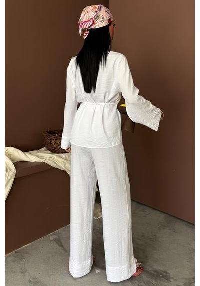 Moderie Butik Kruvaze Model Klasik Pantolonlu Çupra Keten Takım 10191 Beyaz
