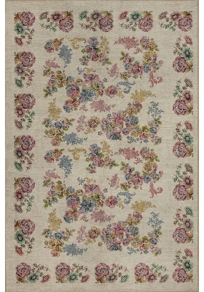 Artloop Florart Krem / Çok Renkli Vintage Dokulu Doğa Temalı Çiçekli Dokuma Tabanlı Şönil Halı Al 489