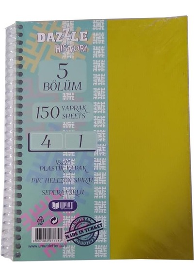 Orta Boy 4+1 Ayraçlı Defter 5 Konulu 150 Yaprak 1 Adet 4 Kareli 1 Çizgili Spralli Plastik Kapak Seperatörlü 18x25 Cm Sarı