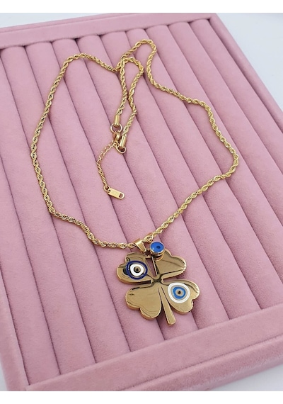 Gold Nazar Boncuklu Mineli Yonca Burgu Çelik Kolye