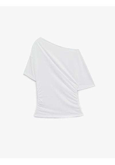 Koton Slim Fit Drape Detaylı Omzu Açık Kayık Yaka Tişört Beyaz 6sak50414ek