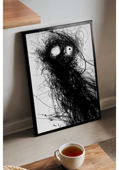 Inner Chaos Siyah Ahşap Çerçeveli Poster, Dekoratif Soyut Monokrom Duvar Tablosu