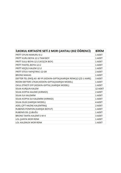 İlkokul Kırtasiye Seti 2 Mor Çantalı Kız Öğrenci