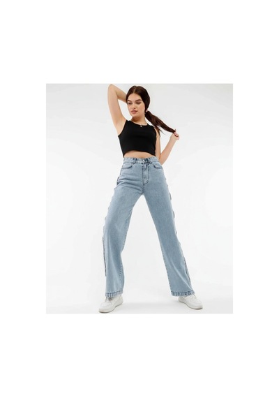 Kene Jeans Yüksek Bel Yan Fermuar Detaylı Buz Kar Bol Paça Jean Buz Kar