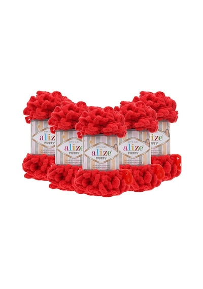 Alize 5 Adet Puffy El Örgü Ipliği 5'li Paket - 56 Kırmızı - 100 Gr. 9 Mt. Parmak Örgü Ipi