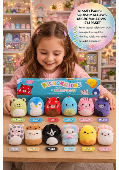 Squishmallows Orijinal Micromallows 12'li Paket Mini Peluş Seti 6.5 Cm Koleksiyon Oyuncak Çok Renkli