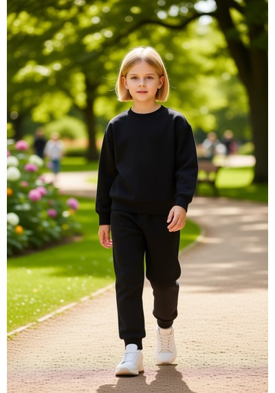 Ersefa Genç Kızlar İçin Şardonlu Pamuklu Regular Fit Sweatshirt Ve Eşofm Siyah