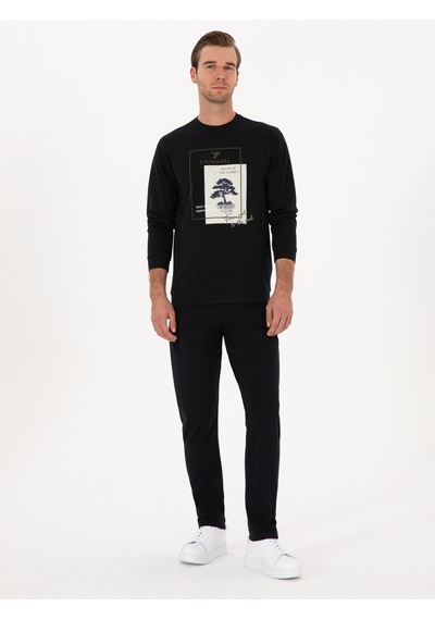 Lacivert Regular Fit Bisiklet Yaka Baskılı Sweatshirt