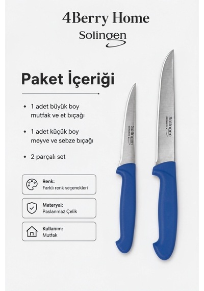 Solingen 2 Li Paslanmaz Çelik Mutfak Bıçağı Seti Et, Meyve Ve Sebze Bıçağı Mavi