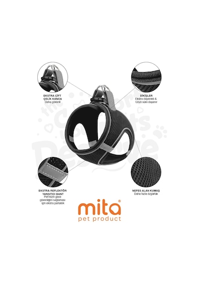 Mita Air Mesh Kedi Köpek Göğüs Tasması Çift Reflektörlü, Terletmeyen Siyah