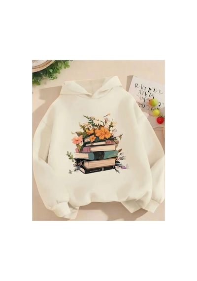 Herkesemoda Kitap Ve Çiçek Baskı Detaylı İçi Polarlı Kapüşonlu Sweatshirt Bej