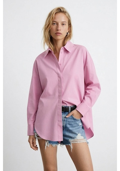Quzu Oversize Pembe Kadın Gömlek 11478