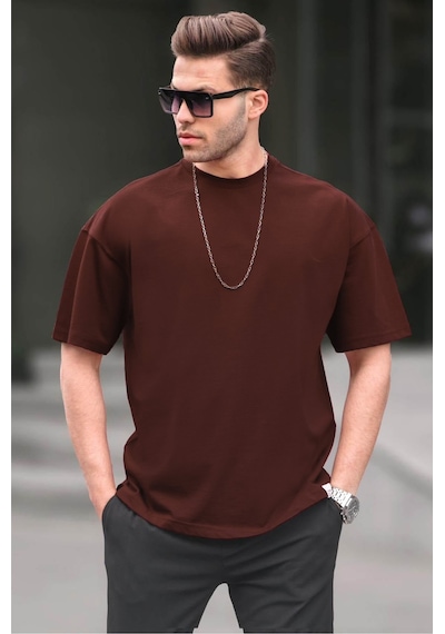 Madmext Erkek Acı Kahverengi Oversize Fit Basic Tişört 6066 Acı Kahverengi