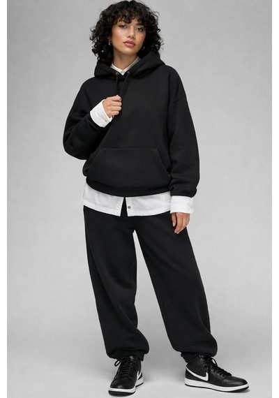 Nike Jordan Flight Fleece Oversize Pullover Hoodie Kadın Oversize Kapüşonlu Sweatshirt Siyah Siyah