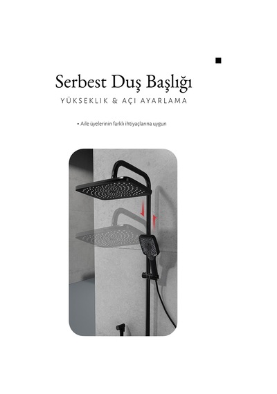 Zift Unique Premium Siyah Duş Sistemi Seti - 4 Fonksiyonlu Yağmur Duş Başlığı, Temperli Cam Raf, Masajlı El Duşu Siyah