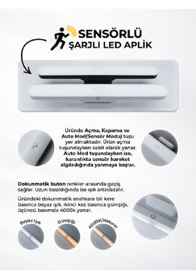 Mıknatıslı Şarjlı Led Işık Micro Usb Şarjlı Kablosuz Led Lamba 3 Farklı Işık Led Aplik Dimlenebilir Beyaz