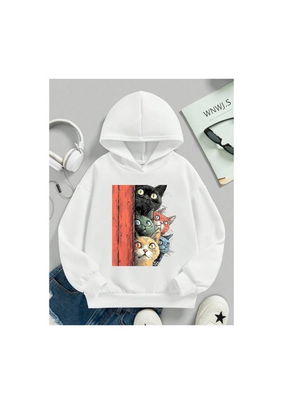 Stil X Sevimli Kediler Baskılı Kapüşonlu Çocuk Sweatshırt Beyaz-2