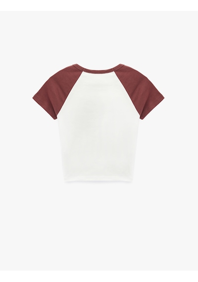 Koton Slim Fit Pamuklu Renk Bloklu Kısa Kollu Bisiklet Yaka Crop Tişört Pijama Üstü Beyaz 6wlk40269mk