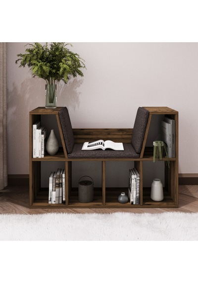 Livora Minderli Kitaplık - Oturma Alanlı 103 Cm Minimalist Tasarım Ceviz