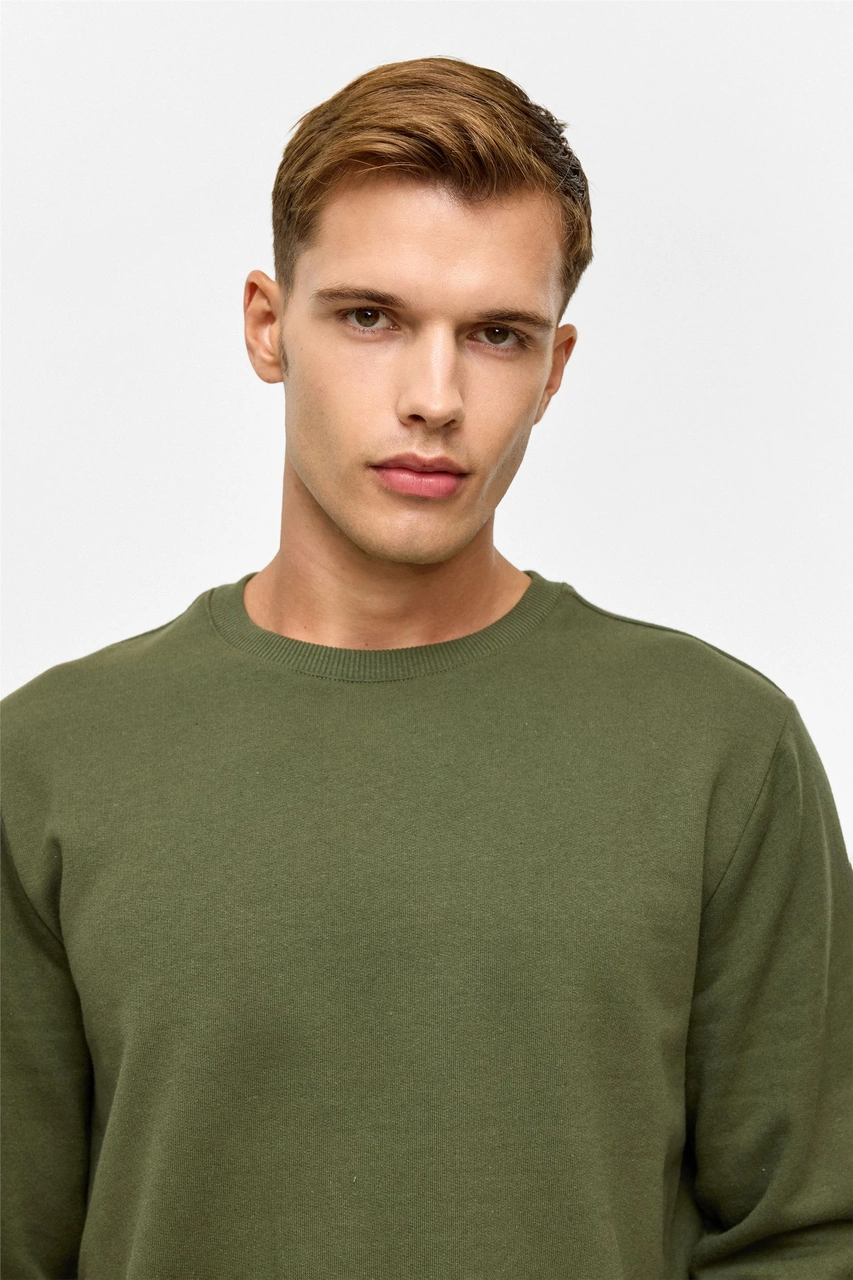 Süvari Haki Regular Düz Bisiklet Yaka Sweatshirt-38801 Haki