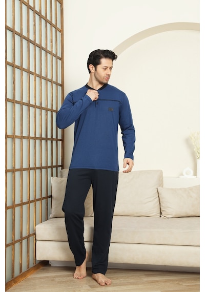 Enisena Erkek %100 Pamuklu Pijama Takımı-robalı Ve 3 Düğmeli-12489 İndigo