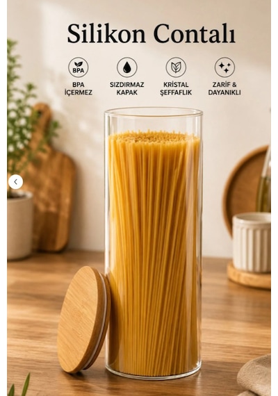 Porsima 3-3 Bambu Vakumlu Kapaklı Yuvarlak Borosilikat Cam 9lu Kavanoz Seti Saklama Kabı 1650ml 10x25cm Şeffaf