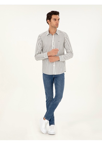 Cacharel Gri Slim Fit Çizgili Pamuk Gömlek