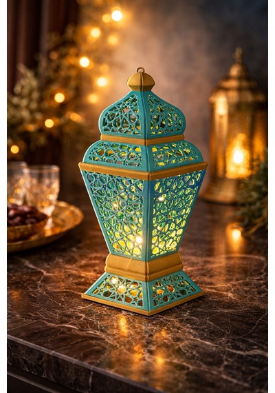 Turkuaz & Gold Detaylı Ramazan Özel Lüks Led Tealight Mumluk