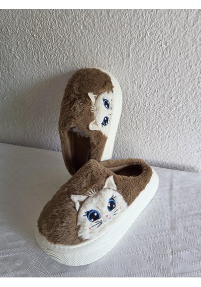 Kadın Kedili Peluş Rahat Ev Terliği 25bnt133 Camel