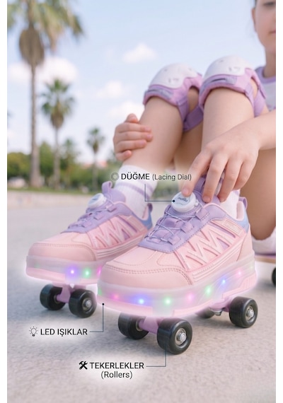 Muggo Skate Çocuk Işıklı Patenli Tekerlekli Sneaker Spor Ayakkabı Pudra