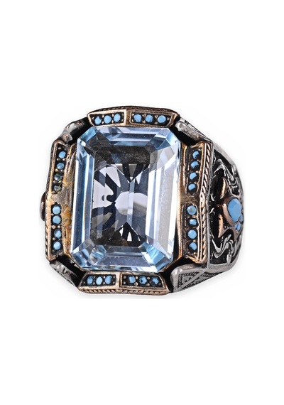 Kambo El Yapımı 925 Ayar Gümüş Mavi Topaz Taşlı Erkek Yüzük - 21 Gr