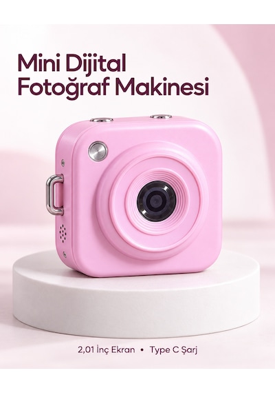 128 Gb A Kadar Hafıza Kartı Destekli Pembe Mini Dijital Fotoğraf Makinesi - Lisinya Belirtilmemiş