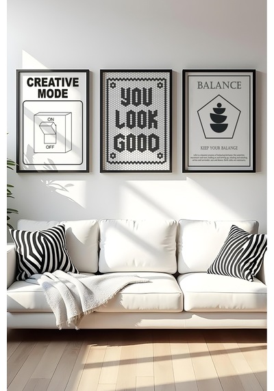 Huhuli Ahşap Siyah Çerçeveli 3'lü Creative Mode Tablo Seti Huhu569